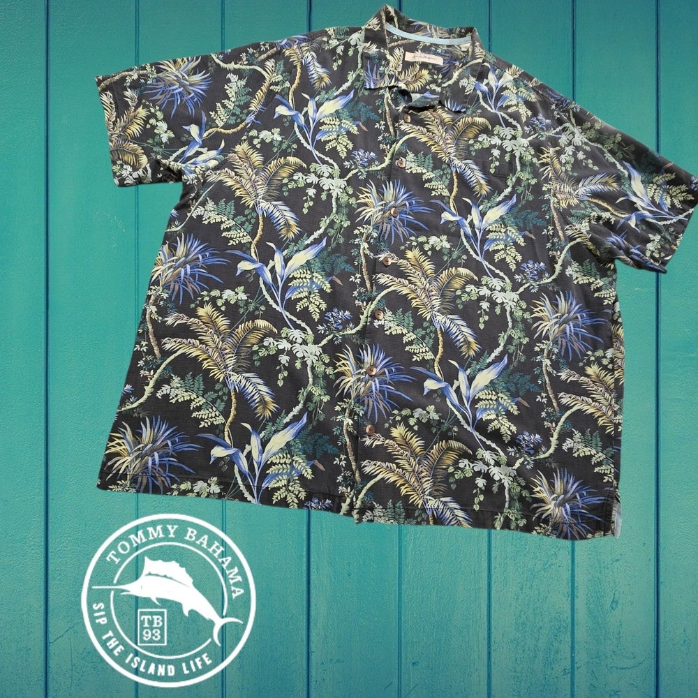 Tommy Bahama Mens Silk Tropical Floral Camp Shirt Black Green 3XT